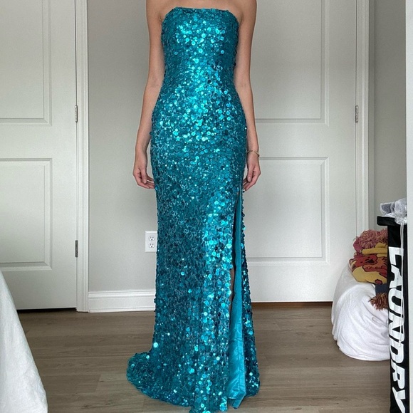 Vintage blue strapless sequin maxi formal dress - Picture 3 of 4